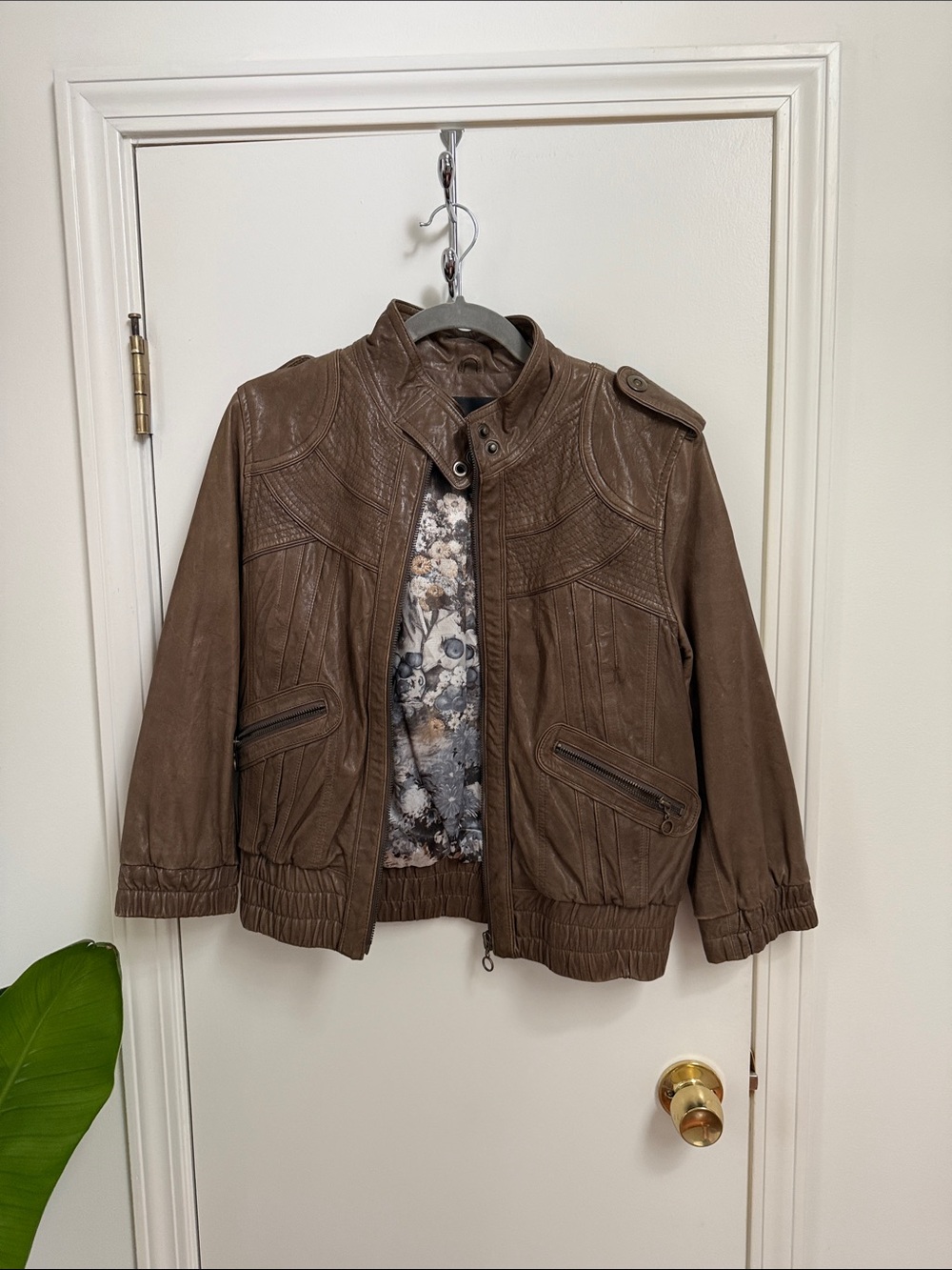 Women’s Brown Lamb Leather Bomber Jacket - MM Couture size 8
